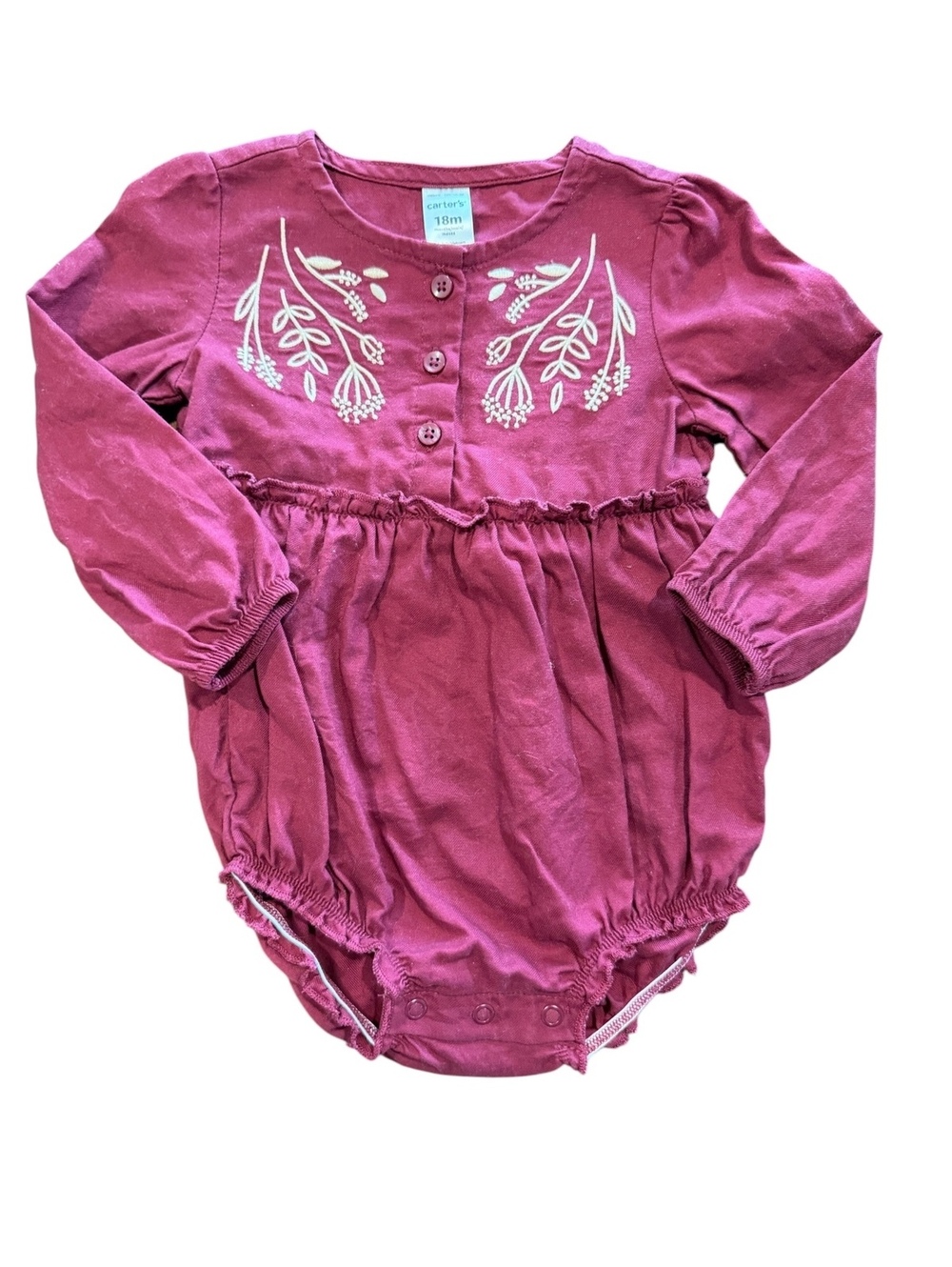 Carter's Baby Girl 18M Long Sleeve Cotton Romper with Embroidered Floral Design